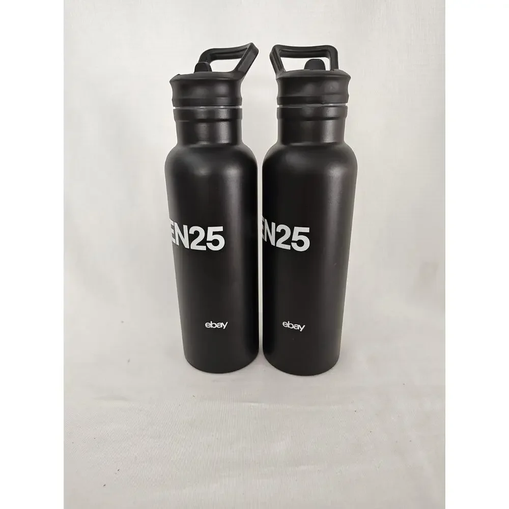 Lot Of 2 EBay open 2025 Black Metal‎ Water Bottles New Unused With straw